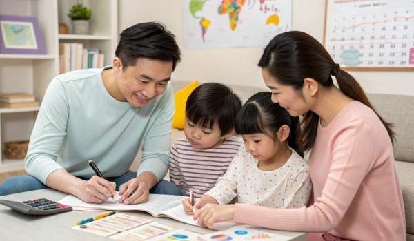 a-asian-family-of-four-sits-around-a-table--workin