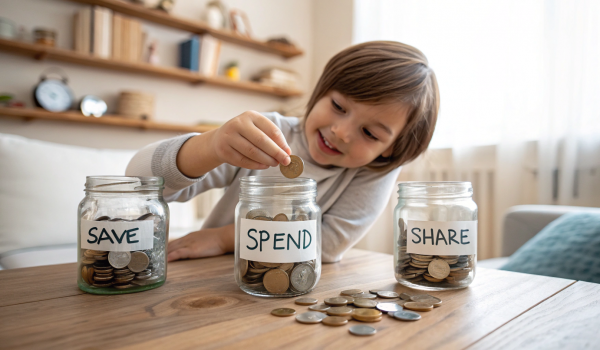 a-child-putting-coins-into-three-jars-labeled-save