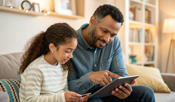 a-father-showing-his-daughter-how-to-track-savings