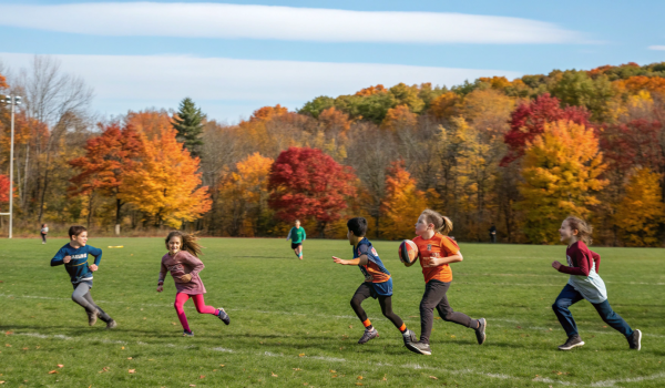 a-group-of-kids-playing-touch-football-on-a-field- a-group-of-kids-playing-touch-football-on-a-field-
