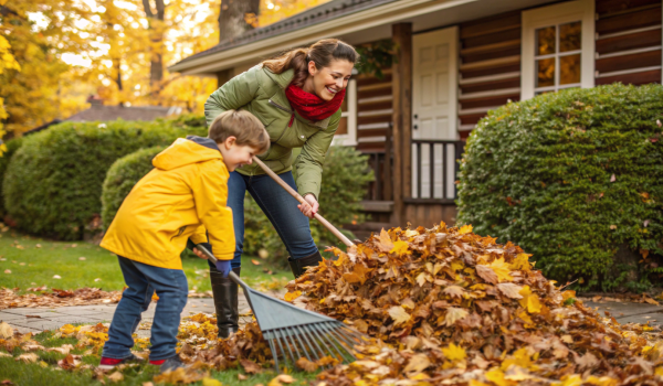 a-mother-and-son-raking-leaves-together--laughing-