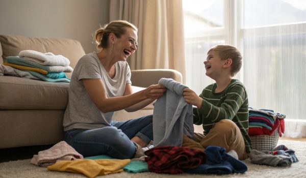 a-parent-and-child-folding-laundry-together--laugh