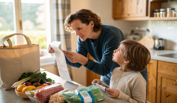 a-parent-explaining-a-receipt-to-a-child-while-unp