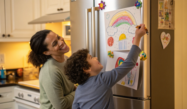a-parent-hanging-their-child-s-artwork-on-the-refr a-parent-hanging-their-child-s-artwork-on-the-refr