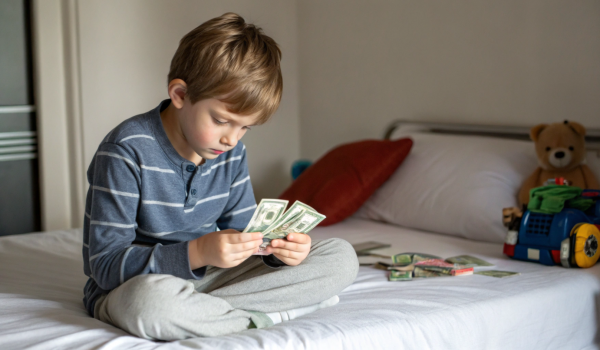 a-young-boy-counting-allowance-money-on-his-bed--p