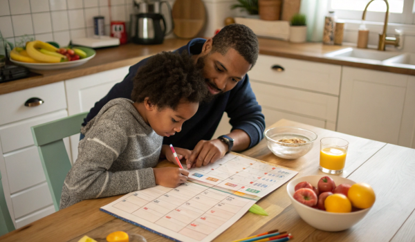 parent-helping-a-child-plan-chores-on-a-paper-cale