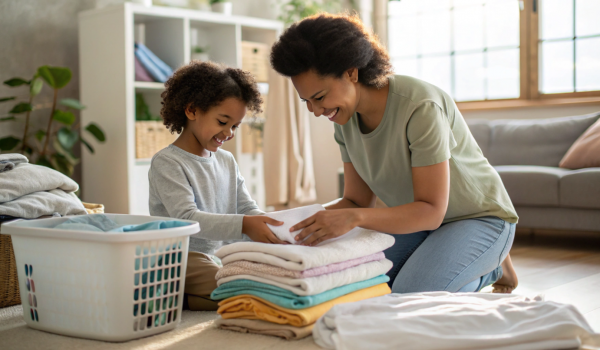 parent-showing-a-child-how-to-fold-laundry--quiet-